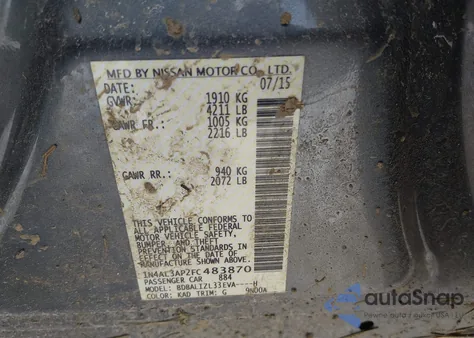 2015 Nissan Altima 2.5 Sv z USA, uszkodzony, nr VIN 1N4AL3AP2FC483870